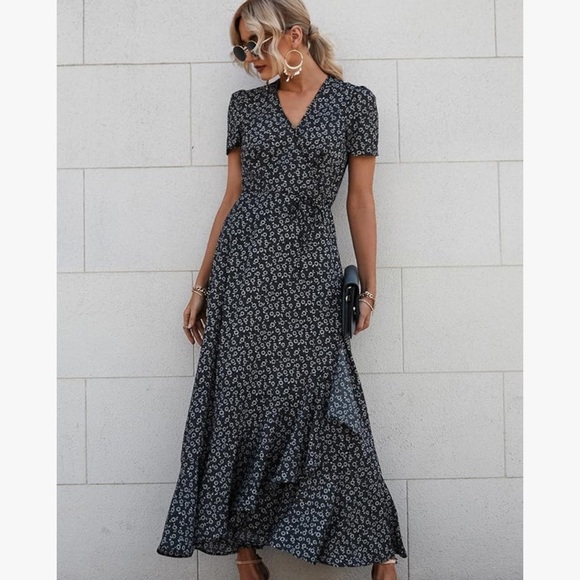 PRETTYGARDEN Maxi Dress Wrap Floral Boho Short Sleeve Black & White Sz L - Picture 6 of 9